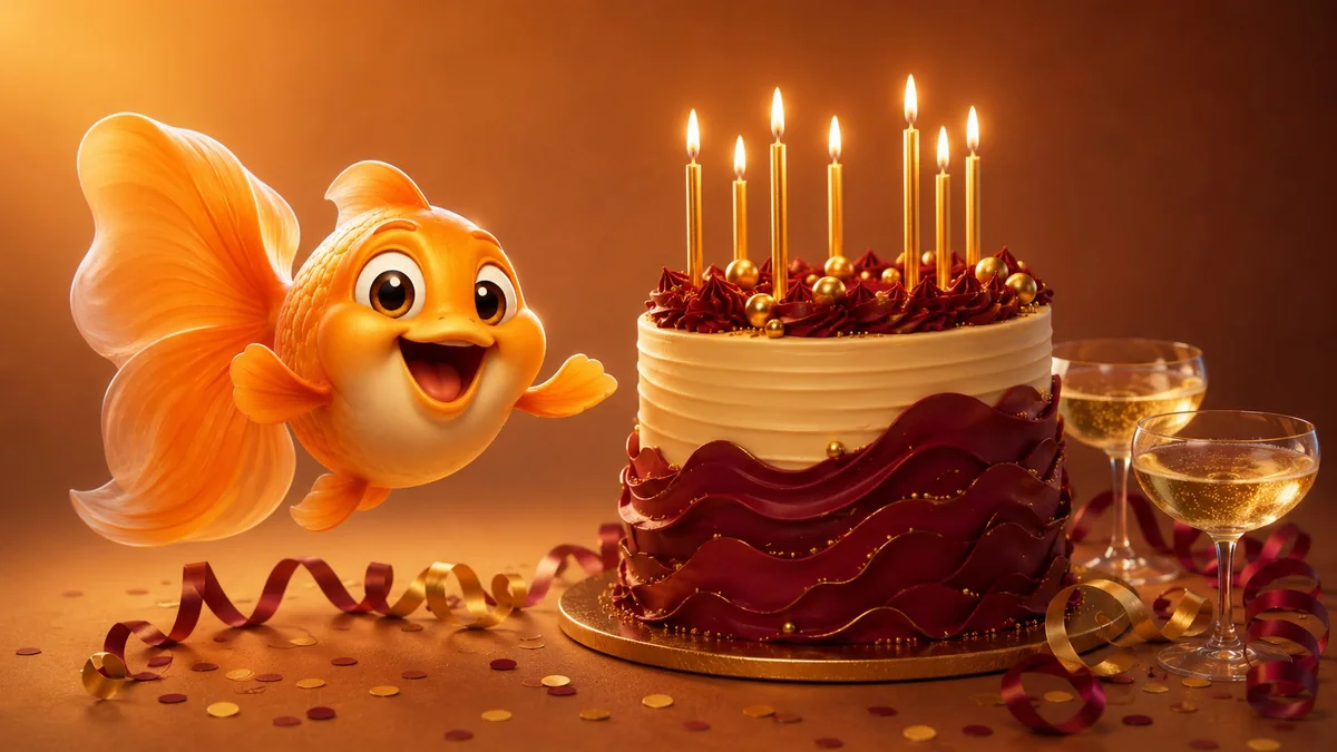 Золотая рыбка Wish рядом с бордово-золотым юбилейным тортом со свечами и бокалами